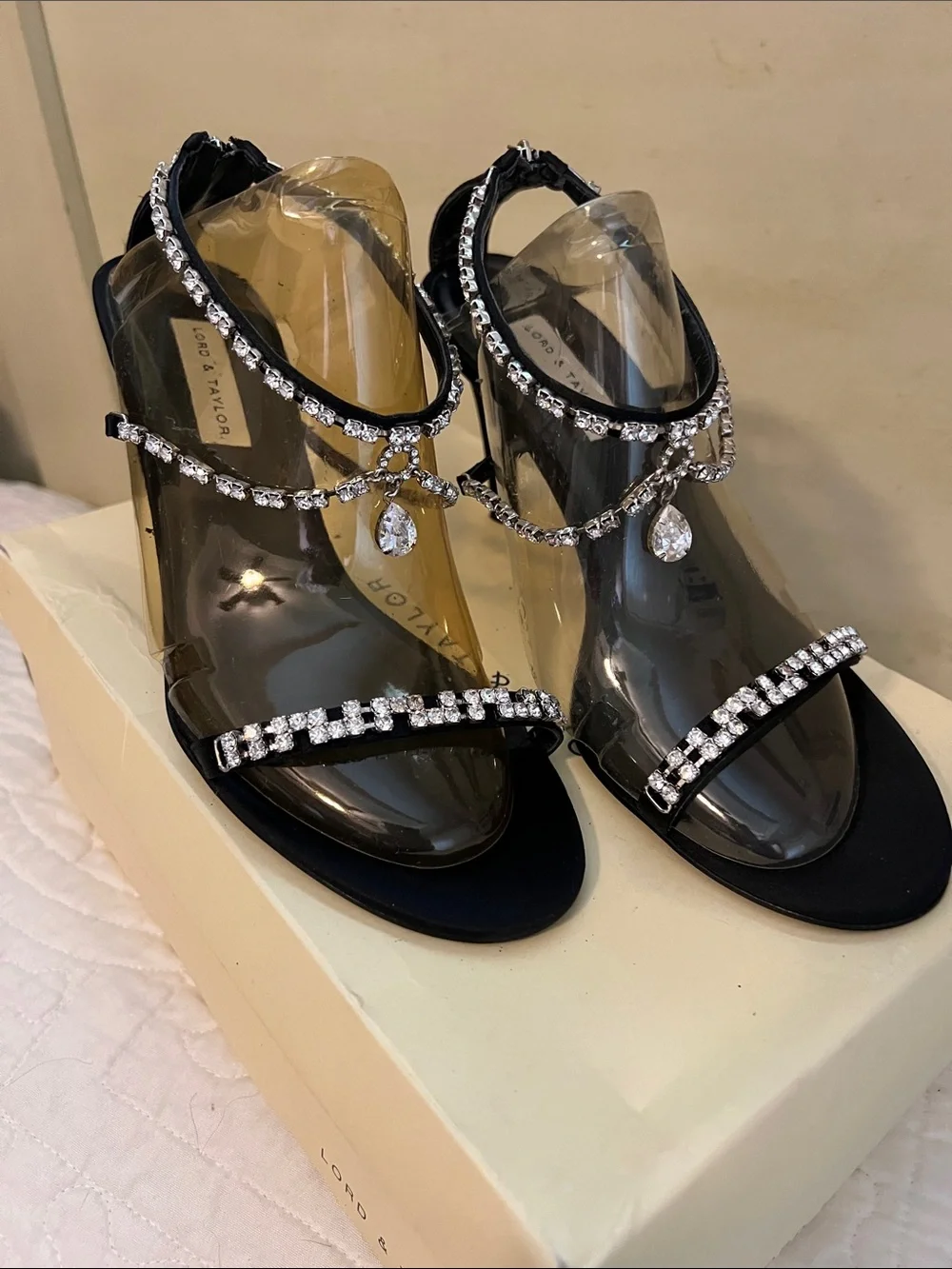 Lord & Taylor Black Rhinestone Teardrop-Strap Women's Sandals